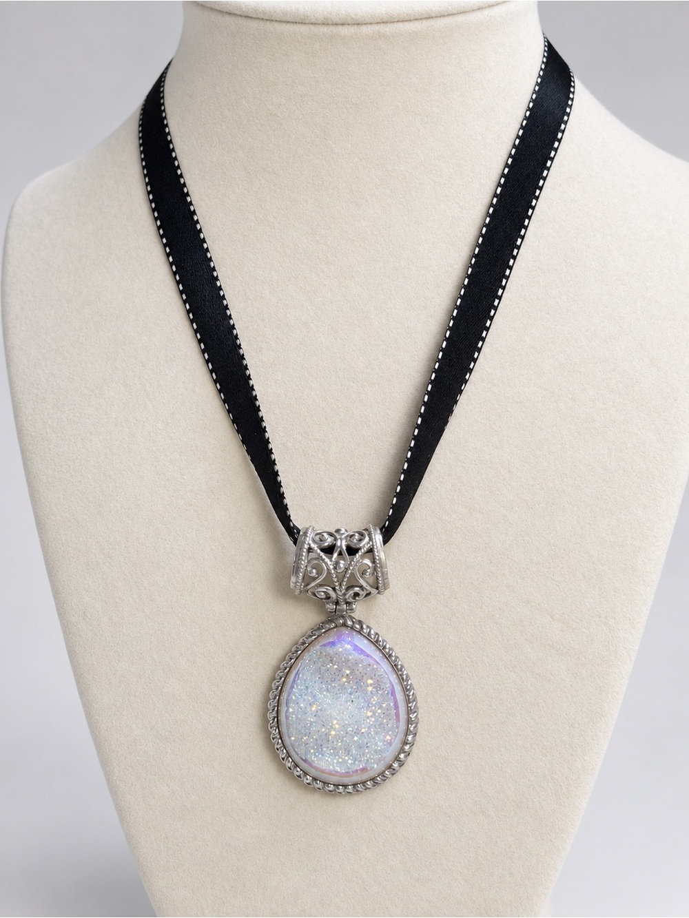 Sterling (925) Silver Teardrop Druzy Pendant Necklace with Black Ribbon